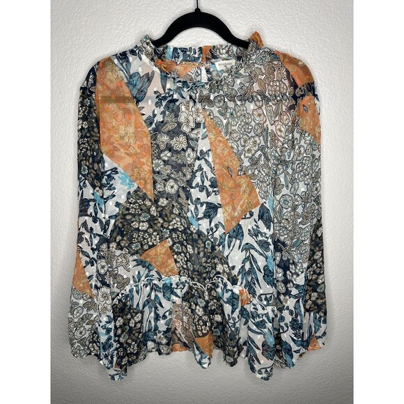 World Market Shirt Womens L/XL Multicolor Patchwork Floral Bohemian Long Sleeve - Picture 1 of 7